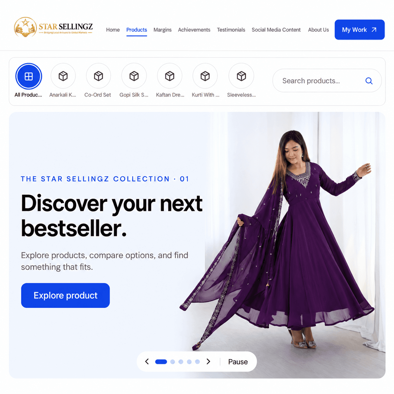 StarSellingz product catalog with category filters, product selection, and Excel exports for Amazon, Flipkart, Meesho, and Etsy